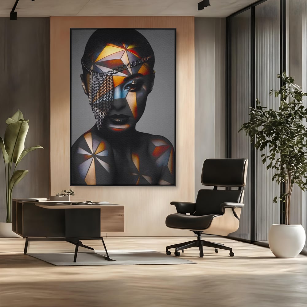 Tablou canvas cu tablou canvas cu portret feminin si lanturi, in rama de aluminiu negru, pe perete intr-un birou